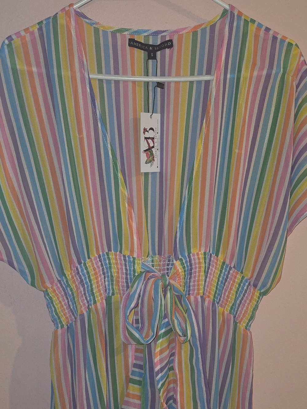 NWT America & Beyond Rainbow Pastel Striped Maxi Dress/Duster- Size S Tie Front